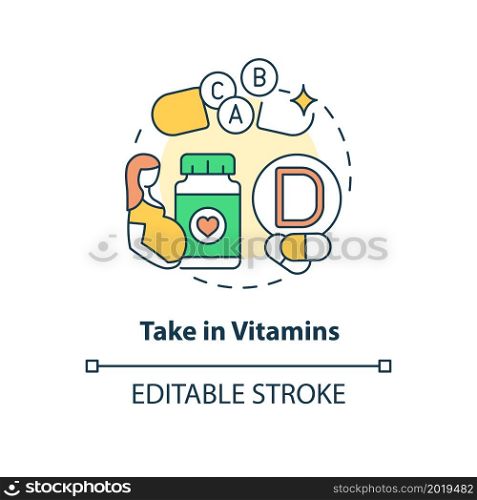 Take in vitamins concept icon. Pregnancy diet abstract idea thin line illustration. Providing prenatal multivitamins and minerals. Vector isolated outline color drawing. Editable stroke. Take in vitamins concept icon