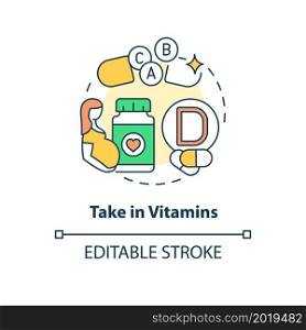 Take in vitamins concept icon. Pregnancy diet abstract idea thin line illustration. Providing prenatal multivitamins and minerals. Vector isolated outline color drawing. Editable stroke. Take in vitamins concept icon