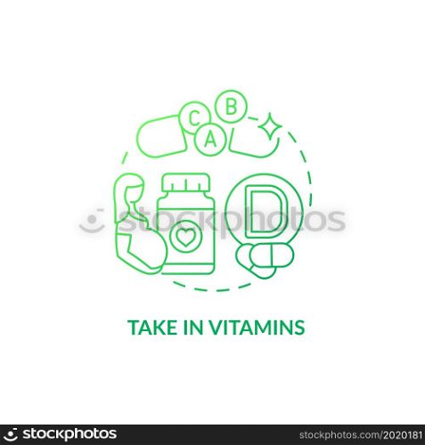 Take in vitamins green gradient concept icon. Pregnancy diet abstract idea thin line illustration. Support fetus development. Major birth defects prevention. Vector isolated outline color drawing. Take in vitamins green gradient concept icon