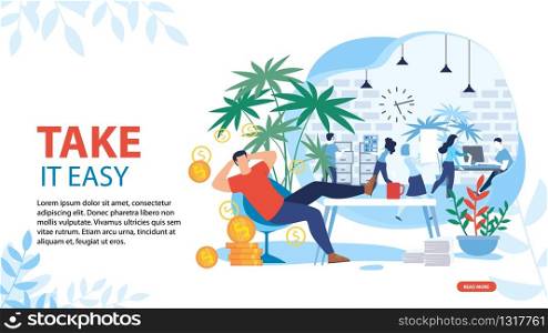 Take it Easy and Relax Motivating Landing Page. Happy Lazy Office Worker Lying on Sofa at Workplace Having Passive Income. Working Day. Busy People. Procrastination. Vector Flat Cartoon Illustration. Take it Easy and Relax Motivating Landing Page