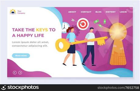 Take keys to happy life. Your knowledge can lead you to success. Man and woman hold golden key to unlock door of happiness. Designed web page with navigation menu. Vector illustration in flat style. Take Keys to Happy Life, Educational Website