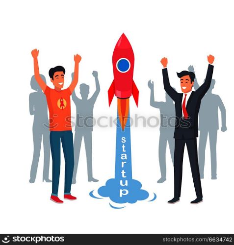 Take-off rocket in startup vector illustration isolated on white. Boy with missile emblem on t-shirt, businessman in black suit raised arms.. Take-off Rocket in Startup. Happy and Joyful Men