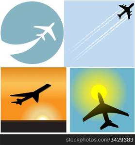Take off with this set of four Airline Travel passenger plane airport icons and symbols.