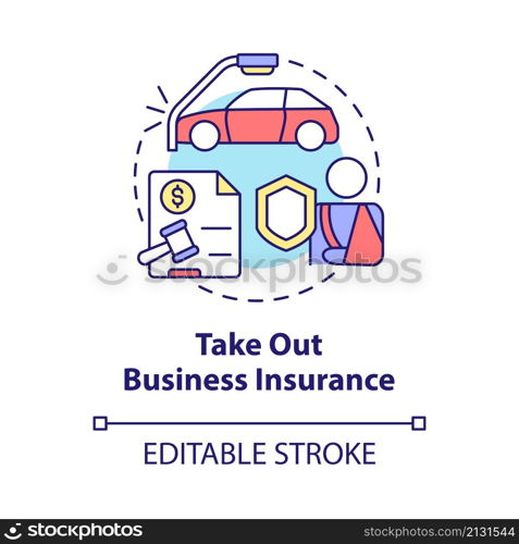 Take out business insurance concept icon. Delivery business security abstract idea thin line illustration. Isolated outline drawing. Editable stroke. Roboto-Medium, Myriad Pro-Bold fonts used. Take out business insurance concept icon