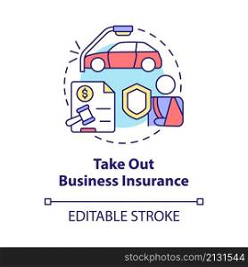 Take out business insurance concept icon. Delivery business security abstract idea thin line illustration. Isolated outline drawing. Editable stroke. Roboto-Medium, Myriad Pro-Bold fonts used. Take out business insurance concept icon