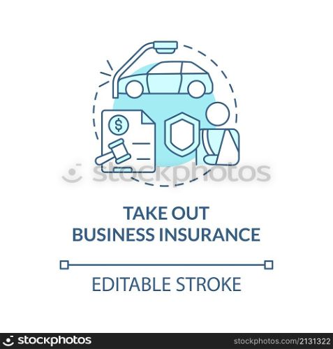 Take out business insurance turquoise concept icon. Delivery security abstract idea thin line illustration. Isolated outline drawing. Editable stroke. Roboto-Medium, Myriad Pro-Bold fonts used. Take out business insurance turquoise concept icon