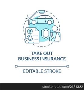 Take out business insurance turquoise concept icon. Delivery security abstract idea thin line illustration. Isolated outline drawing. Editable stroke. Roboto-Medium, Myriad Pro-Bold fonts used. Take out business insurance turquoise concept icon
