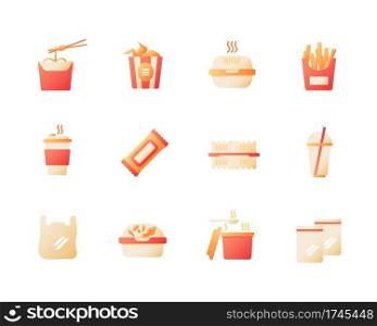 Take out fast food vector flat color icon set. Noodles take away. Plastic package. Ready meal delivery. Cartoon style clip art for mobile app pack. Isolated RGB illustration bundle. Take out fast food vector flat color icon set