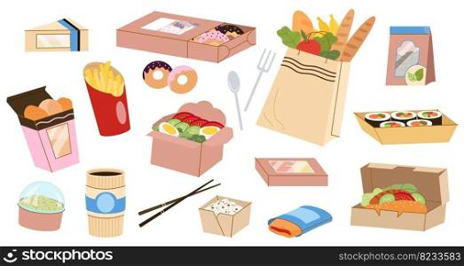Take out food in paper boxes. Cardboard pack, lunch and dinner, fresh breakfast and coffee. Take away store product bag, desserts vector set of container lunch, package with fast food illustration. Take out food in paper boxes. Cardboard pack, lunch and dinner, fresh breakfast and coffee. Take away grocery store product bag, decent desserts vector set