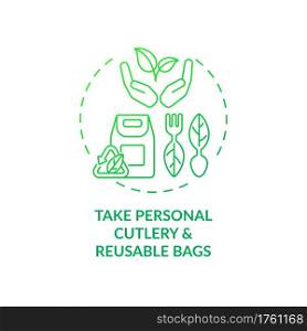 Take personal cutlery and reusable bags concept icon. Sustainable tour tips. Shopping bag which can be reused many times idea thin line illustration. Vector isolated outline RGB color drawing. Take personal cutlery and reusable bags concept icon