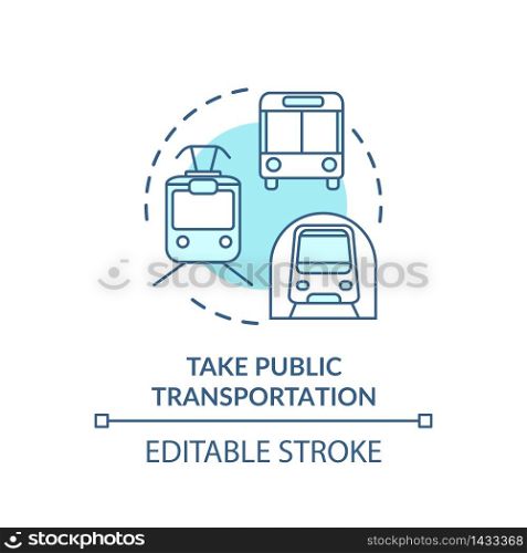 Take public transportation turquoise concept icon. Subway tram. Street bus. Urban trip. City transit vehicles idea thin line illustration. Vector isolated outline RGB color drawing. Editable stroke. Take public transportation turquoise concept icon