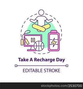 Take recharge day concept icon. Rest and harmony. Improving mental health abstract idea thin line illustration. Isolated outline drawing. Editable stroke. Arial, Myriad Pro-Bold fonts used. Take recharge day concept icon