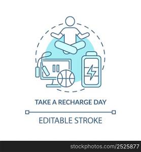 Take recharge day turquoise concept icon. Rest and harmony. Improving mental health abstract idea thin line illustration. Isolated outline drawing. Editable stroke. Arial, Myriad Pro-Bold fonts used. Take recharge day turquoise concept icon