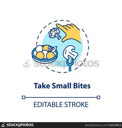 Take small bites concept icon. Mindful eating, conscious nutrition idea thin line illustration. Enjoying food in small portions. Vector isolated outline RGB color drawing. Editable stroke