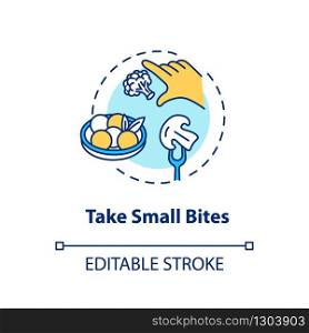 Take small bites concept icon. Mindful eating, conscious nutrition idea thin line illustration. Enjoying food in small portions. Vector isolated outline RGB color drawing. Editable stroke