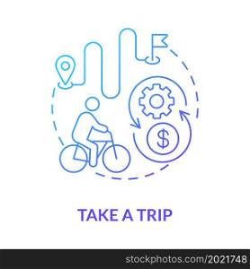 Take trip blue gradient concept icon. Bicycle sharing usage abstract idea thin line illustration. Using micro mobility vehicle. Self-service bike station. Vector isolated outline color drawing. Take trip blue gradient concept icon