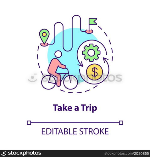 Take trip concept icon. Bicycle sharing usage abstract idea thin line illustration. E-bike tour. Transportation with rented electronic bike. Vector isolated outline color drawing. Editable stroke. Take trip concept icon