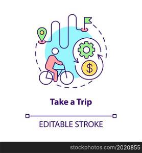 Take trip concept icon. Bicycle sharing usage abstract idea thin line illustration. E-bike tour. Transportation with rented electronic bike. Vector isolated outline color drawing. Editable stroke. Take trip concept icon