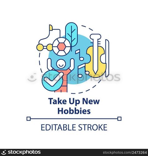 Take up new hobbies concept icon. Way to break social media addiction abstract idea thin line illustration. Isolated outline drawing. Editable stroke. Arial, Myriad Pro-Bold fonts used. Take up new hobbies concept icon