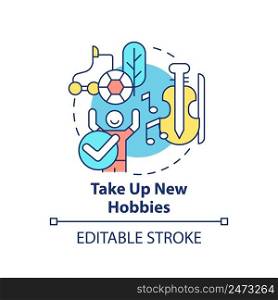 Take up new hobbies concept icon. Way to break social media addiction abstract idea thin line illustration. Isolated outline drawing. Editable stroke. Arial, Myriad Pro-Bold fonts used. Take up new hobbies concept icon