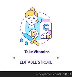 Take vitamins concept icon. Beauty and healthcare. Skincare routine abstract idea thin line illustration. Isolated outline drawing. Editable stroke. Roboto-Medium, Myriad Pro-Bold fonts used. Take vitamins concept icon