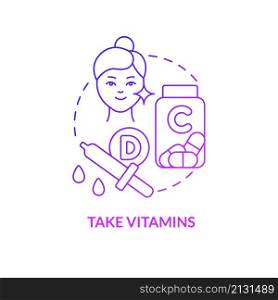 Take vitamins purple gradient concept icon. Supplement for beauty. Skincare routine abstract idea thin line illustration. Isolated outline drawing. Roboto-Medium, Myriad Pro-Bold fonts used. Take vitamins purple gradient concept icon