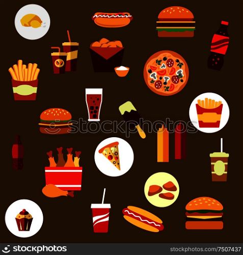 Takeaway and fast food flat icons with French fires, hamburger, pizza, hot dog, ice cream lolly, condiments, and beverages. Takeaway and fast food flat icons