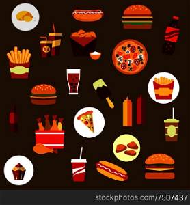 Takeaway and fast food flat icons with French fires, hamburger, pizza, hot dog, ice cream lolly, condiments, and beverages. Takeaway and fast food flat icons