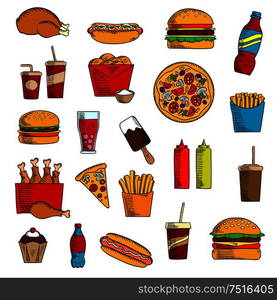 Takeaway and fast food icons with French fires and cheeseburger, pizza and hot dog, ice cream and coffee, cake and chicken, condiments and beverages. Takeaway and fast food snacks