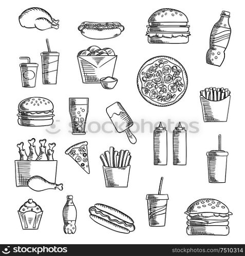 Takeaway and fast food sketched icons with french fries, pizza, hamburger, chicken, cheeseburger, cake, soda drink, hot dog, ice cream, condiments and beverages. Sketch style. Fast and takeaway food sketched icons