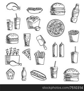 Takeaway and fast food sketched icons with french fries, pizza, hamburger, chicken, cheeseburger, cake, soda drink, hot dog, ice cream, condiments and beverages. Sketch style. Fast and takeaway food sketched icons
