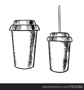 Takeaway cups for coffee and soda drinks with lids and drinking straw for fast food theme, sketch style. Takeaway coffee and soda drinks sketches