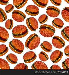 Takeaway fast food burgers background for cafe menu design usage with seamless pattern of hamburgers on sesame rolls with patties of ground beef, tomatoes, onions and pickles. Seamless pattern of hamburgers with pickles