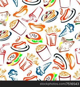 Takeaway food and drinks seamless pattern of sketched burger and cheeseburger, sandwich and hot dog, pizza slices and french fries, popcorn, soda cups and ice cream cones . Fast food and drinks seamles pattern
