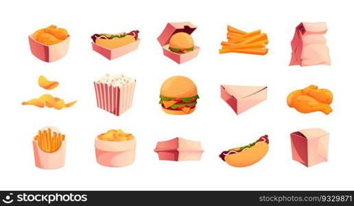 Takeaway food. Fast food packing, disposable containers with organic lunch, sustainable carton packaging for eco-friendly meal delivery. Vector illustration. Hot dog, burger and popcorn. Takeaway food. Fast food packing, disposable containers with organic lunch, sustainable carton packaging for eco-friendly meal delivery. Vector illustration