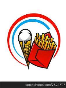 Takeaway foods icon with a red packet of crispy French fries and a dripping ice cream cone enclosed within a circular blue and red frame
