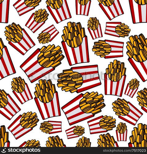 Takeaway french fries cartoon background with seamless pattern of white and red striped paper boxes of fried potatoes. Fast food cafe, textile print or junk food theme design. Paper boxes of french fries seamless pattern