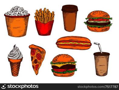 Takeaway packages of french fries and popcorn, fast food hamburger, cheeseburger, hot dog and slice of pizza, paper cups of coffee and soda, soft serve ice cream cone sketches. Sketched fast food lunch with drinks and ice cream