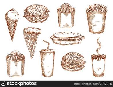 Takeaway paper cups of hot coffee and sweet soda, pepperoni pizza with mushrooms, hamburger, cheeseburger and hot dog sandwiches, boxes of french fries, ice cream cone and popcorn sketch symbols. Fast food menu design usage. Fast food dishes with drinks and desserts sketch
