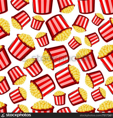Takeaway popcorn background with cartoon seamless pattern of red and white striped paper buckets of sweet crispy popcorn. Weekend entertainment, leisure activity or cinema fast food design usage. Takeaway buckets of popcorn seamless pattern