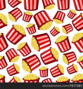 Takeaway popcorn background with cartoon seamless pattern of red and white striped paper buckets of sweet crispy popcorn. Weekend entertainment, leisure activity or cinema fast food design usage. Takeaway buckets of popcorn seamless pattern