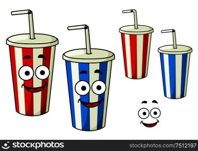 Takeaway red and blue soda striped cups cartoon characters with drinking straws and charming smiles, for fast food theme design. Cartoon takeaway soda striped cups