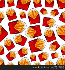 Takeaway red paper boxes of french fries seamless pattern with crunchy wavy pieces of deep fried potato vegetables on white background. Fast food cafe menu or fabric design. Seamless takeaway boxes of french fries pattern