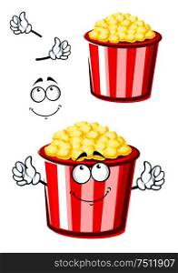 Takeaway sweet popcorn cartoon character in traditional red and white paper bucket with pensive smile, for fast food or leisure theme design. Cartoon popcorn character in striped bucket