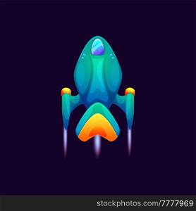 Takeoff of cartoon starship isolated futuristic kids toy, galaxy space starship, game asset. Vector cosmic shuttle, galaxy explorer craft, launch of ute booster fantasy vehicle, starship spacecraft. Starship rocketship kids toy, spacecraft spaceship