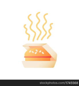 Takeout burger vector flat color icon. Hot cheeseburger in package. Steaming hamburger in carton box. Fast food delivery. Take away. Cartoon style clip art for mobile app. Isolated RGB illustration. Takeout burger vector flat color icon