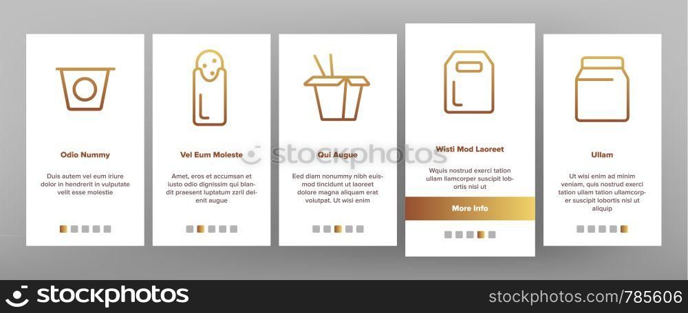 Takeout Food Vector Onboarding Mobile App Page Screen. Takeout, Takeaway Meal and Beverages Linear Pictograms. Fast Food, Chinese Dishes in Paper Disposable Containers, Drinks Illustrations. Takeout Food Vector Onboarding