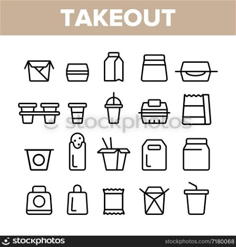 Takeout Food Vector Thin Line Icons Set. Takeout, Takeaway Meal and Beverages Linear Pictograms. Fast Food, Chinese Dishes in Paper Disposable Containers, Drinks in Plastic Cups Contour Illustrations. Takeout Food Vector Thin Line Icons Set