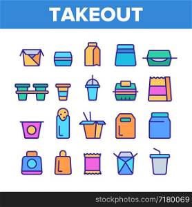 Takeout Food Vector Thin Line Icons Set. Takeout, Takeaway Meal and Beverages Linear Pictograms. Fast Food, Chinese Dishes in Paper Disposable Containers, Drinks in Plastic Cups Contour Illustrations. Takeout Food Vector Color Line Icons Set