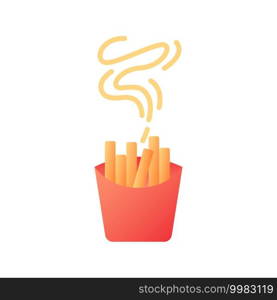 Takeout french fries vector flat color icon. Take away menu. Hot fried potato sticks. Catering service. Fast food delivery. Cartoon style clip art for mobile app. Isolated RGB illustration. Takeout french fries vector flat color icon